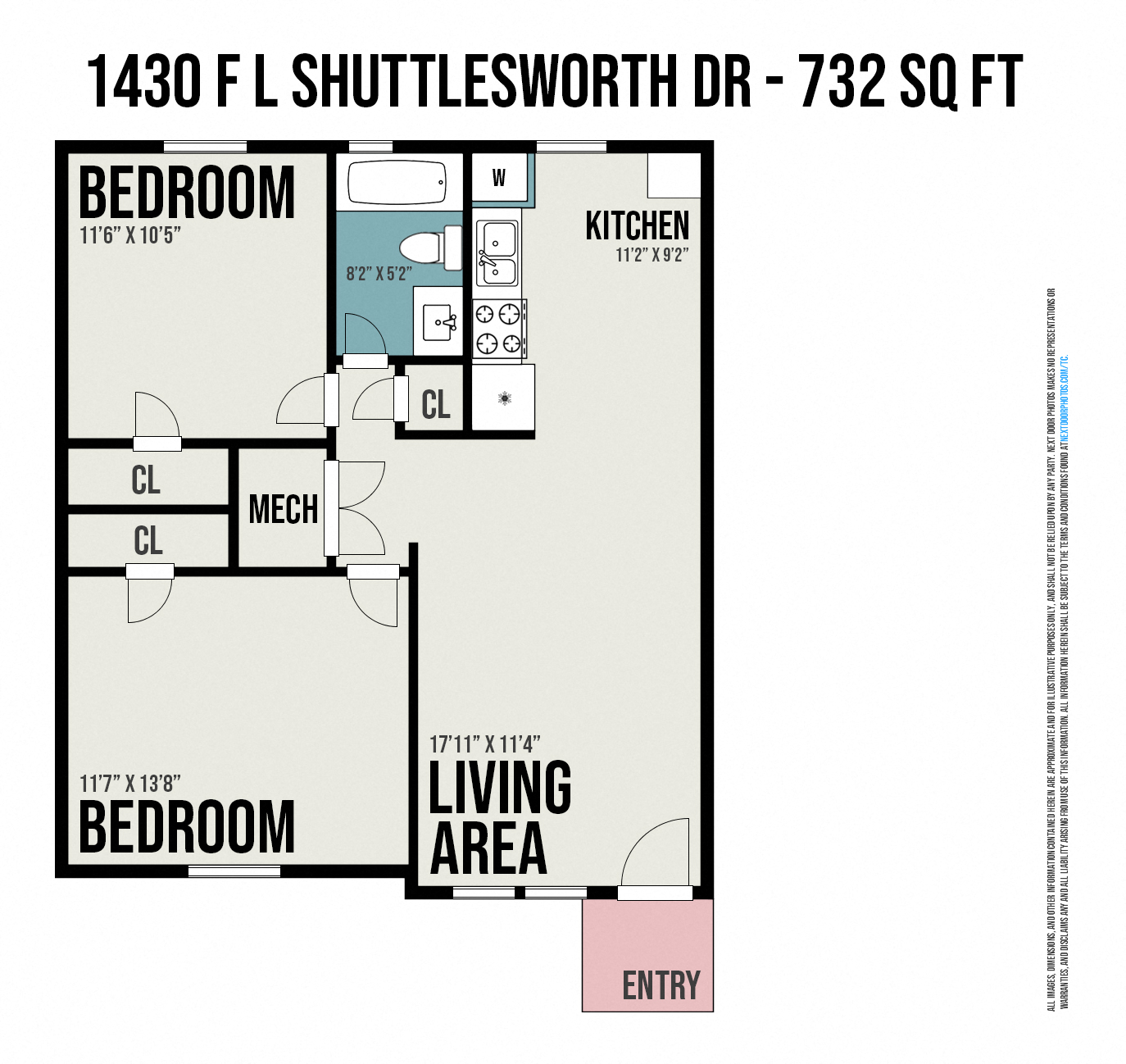 Floor plan for 2 beds, 1 bath, 803 sqft